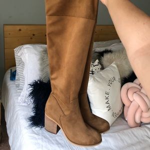 Tan knee-high suede boots